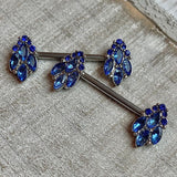 14G 9/16 Blue CZ Gem Fountain Barbell Nipple Ring Set
