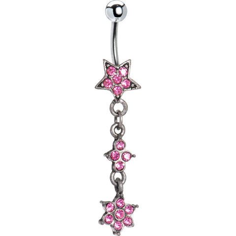 Antique Silver Pink Gem Flourishing Star Dangle Belly Ring
