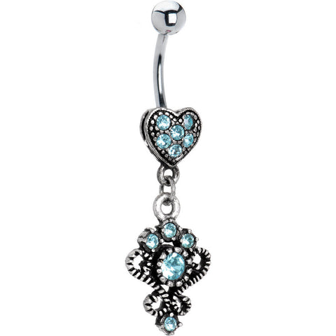Antique Silver Victorian Heart Solar Blue Gem Dangle Belly Ring