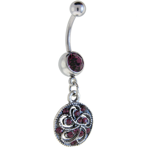 Antique Silver Fantasy Violet Gem Dangle Belly Ring