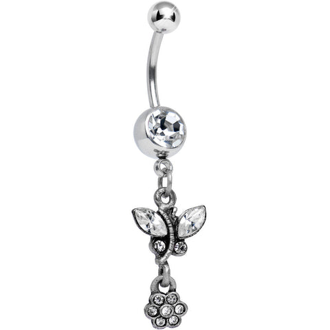 Antique Silver Floral Ivy Crystalline Gem Dangle Belly Ring