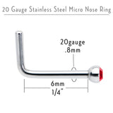 20G Stainless Steel Ruby Red Gem Micro Nose Ring L-Shaped