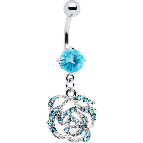 Aqua Jeweled Rose Flower Belly Ring