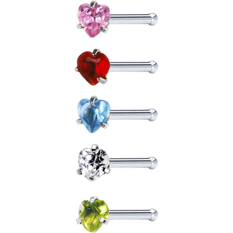 18G Stainless Steel Heart CZ Nose Bone Pack Set