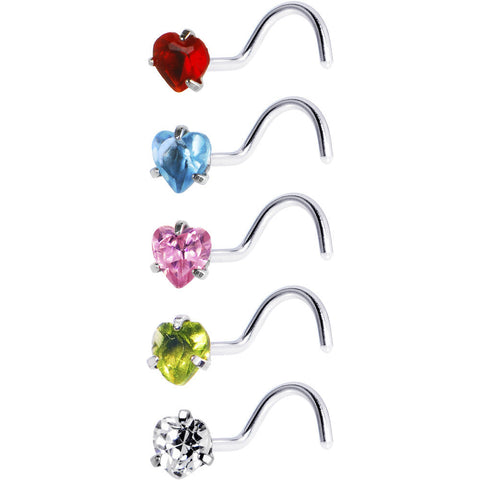 18G Stainless Steel Heart CZ Nose Ring Pack Set