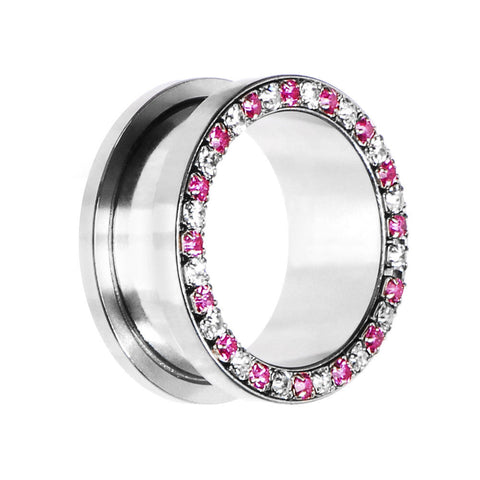 7/8 Stainless Steel Pink Clear Gem Screw Fit Tunnel