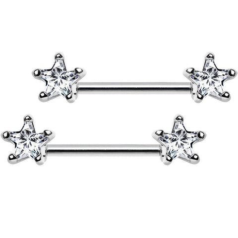 14G 9/16 Clear CZ Gem Star Barbell Nipple Ring Set