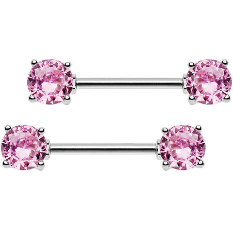 14G 9/16 Pink CZ Gem Barbell Nipple Ring Set
