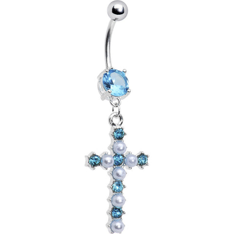 Aqua Gem Faux Pearl Cross Belly Ring