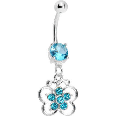 Aqua Gem Flower Center Butterfly Belly Ring