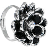 Black Enamel Blooming Flower Adjustable Ring