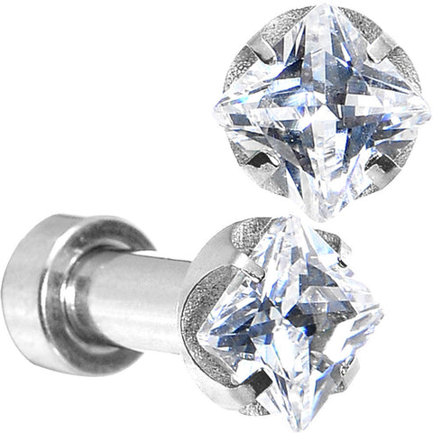 8G Stainless Steel Clear Square CZ Screw Fit Tunnel Set