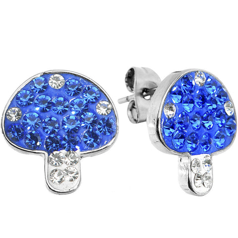 Blue Clear Ferido Crystal Button Mushroom Stud Earrings