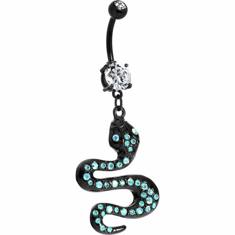 Black Aqua Gem Paved Snake Dangle Belly Ring