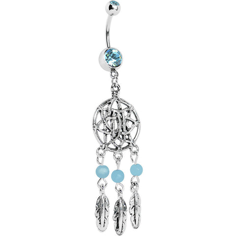 Aqua Gem Tri Feather Star Weave Dreamcatcher Belly Ring