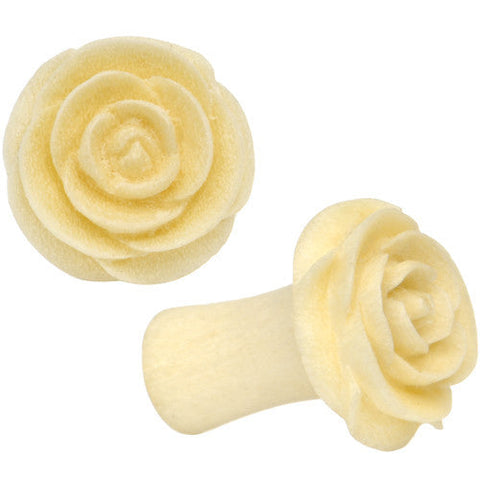 2G Organic White Crocodile Wood Rose Flower Hand Carved Plug Set