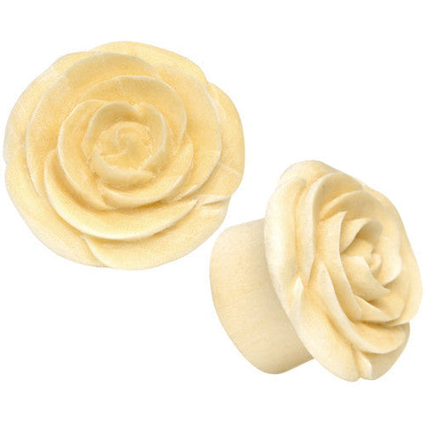7/8 Organic White Crocodile Wood Rose Flower Hand Carved Plug Set