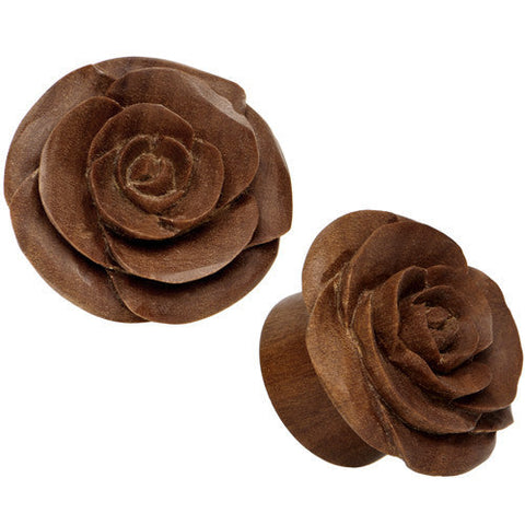 7/8 Organic Sabo Wood Rose Flower Hand Carved Plug Set