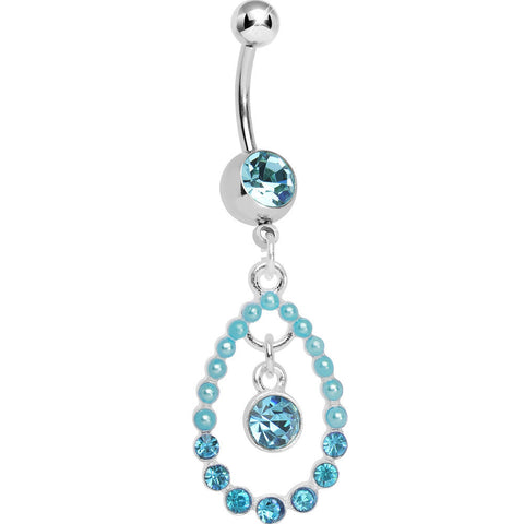 Blue Gem Faux Pearl Teardrop Dangle Belly Ring