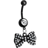 Black Crystalline Gem Paved Bow Dangle Belly Ring