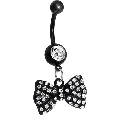 Black Crystalline Gem Paved Bow Dangle Belly Ring