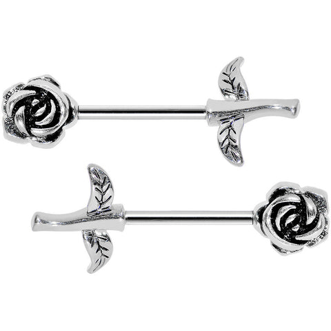 14G 5/8 Sprouting Rose Flower Barbell Nipple Ring Set