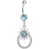 Aqua Crystalline Gem Paved Ring Bursting Flower Dangle Belly Ring