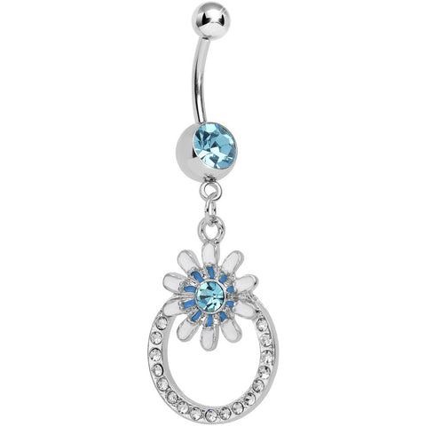 Aqua Crystalline Gem Paved Ring Bursting Flower Dangle Belly Ring