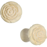 0G Organic White Crocodile Wood Rose Flower Hand Carved Plug Set