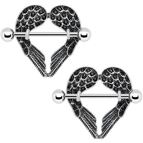 14G 5/8 Black Gem Angel Wings Nipple Shield Set