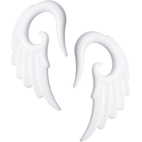 0G White Acrylic Angel Wing Hanger Taper Plug Set
