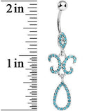 Aqua Gem Crystalline Fleur di Lis Teardrop Double Dangle Belly Ring