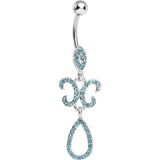 Aqua Gem Crystalline Fleur di Lis Teardrop Double Dangle Belly Ring