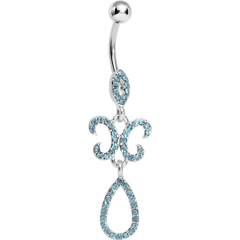 Aqua Gem Crystalline Fleur di Lis Teardrop Double Dangle Belly Ring