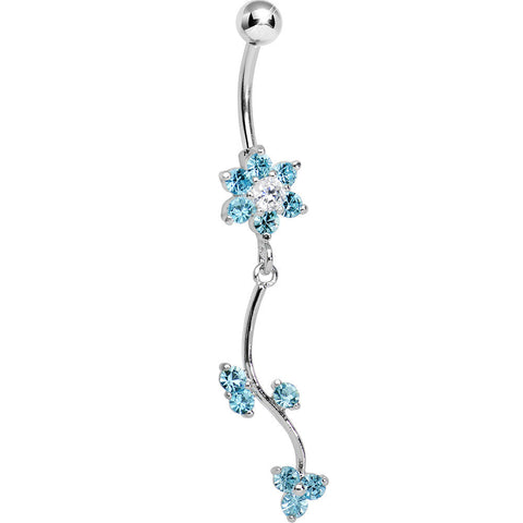 Aqua Gem Trailing Vine and Flower Dangle Belly Ring
