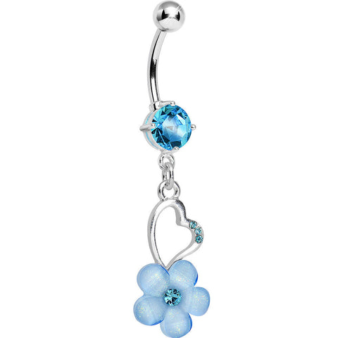 Aqua Gem Hollow Heart Flower Dangle Belly Ring