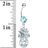 Aqua Gem Leafy Flower Teardrop Dangle Belly Ring