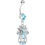 Aqua Gem Leafy Flower Teardrop Dangle Belly Ring