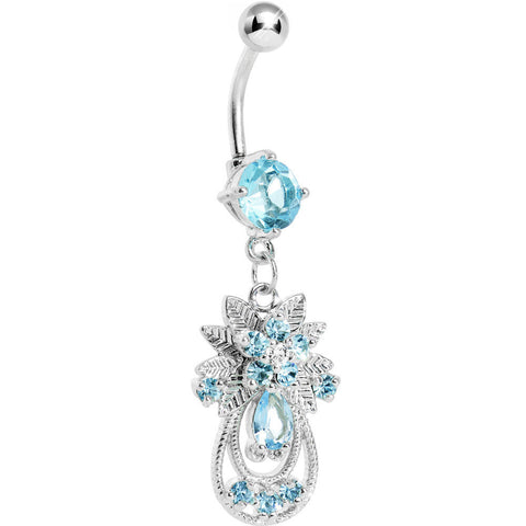 Aqua Gem Leafy Flower Teardrop Dangle Belly Ring