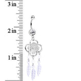 Clear Gem and White Feathers Flowered Dreamcatcher Dangle Belly Ring