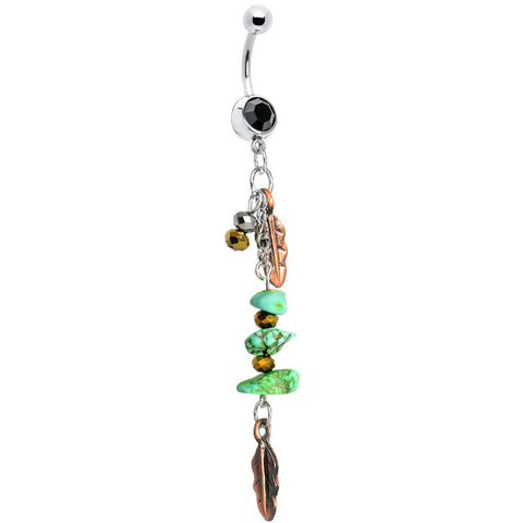 Black Gem Turquoise Copper Feathers Dangle Belly Ring