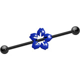 Black Anodized Titanium Blue Hawaiian Flower Industrial Barbell