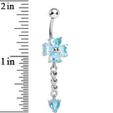 Aqua Gem Four Heart Flower Chain Dangle Belly Ring