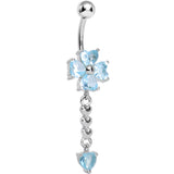 Aqua Gem Four Heart Flower Chain Dangle Belly Ring