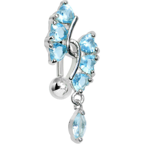 Aqua Gem Hearts and Dangling Drop Top Mount Belly Ring