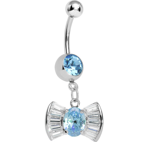 Aqua and Clear Gem Dazzling Bow Dangle Belly Ring