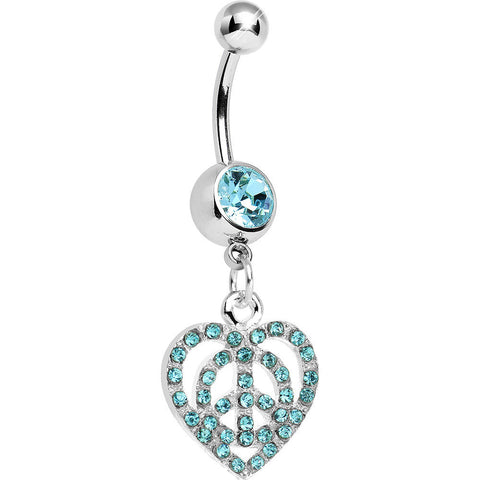 Aqua Gem Paved Peace Sign Heart Dangle Belly Ring