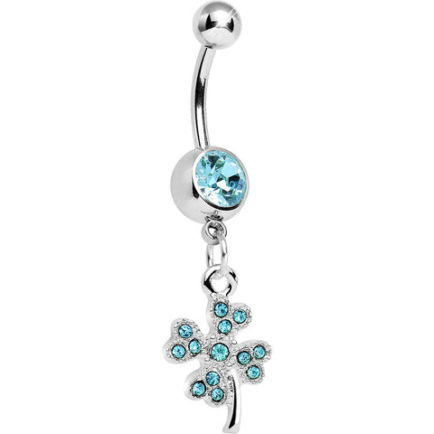 Aqua Gem Delicate Four Leaf Clover Dangle Belly Ring