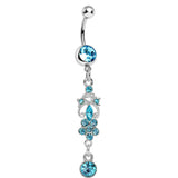 Aqua Gem Antique Scrolls and Flower Dangle Belly Ring