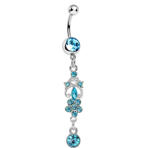 Aqua Gem Antique Scrolls and Flower Dangle Belly Ring